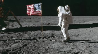 The first US flag being planted on the moon by Buzz Aldrin on July 21st, 1969. Photo courtesy of NASA