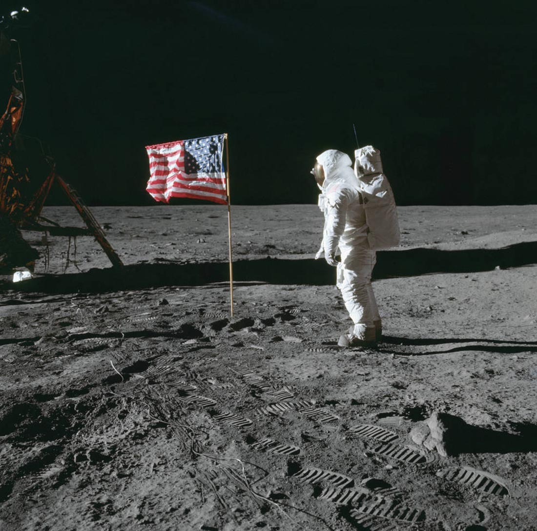 The first US flag being planted on the moon by Buzz Aldrin on July 21st, 1969. Photo courtesy of NASA