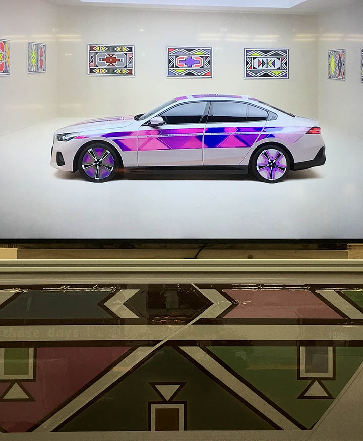 E-ink’s Prism 3 e-paper technology is used to create dynamic surface patterns on the exterior of the BMWi5 Flow Nostokana, the design in tribute to the South African artist Esther Mahlangu. Photo courtesy of Marie O’Mahony