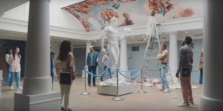 One Dude Wipes commercial scene, a replica statue of David is used with blue goo to demonstrate the extra clean benefits of using wipes over dry tissue.