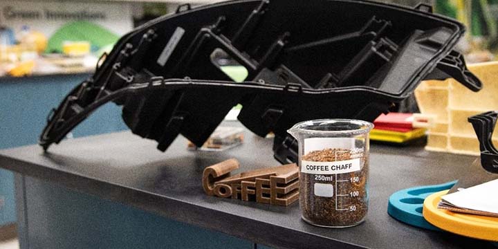 Ford is making use of McDonald’s 62 million pounds of coffee chaff that they landfill each year. The plan is to make auto components with it, and the first components to be made are headlamp housings. Each housing requires the chaff from 300,000 beans. Photo courtesy FORD