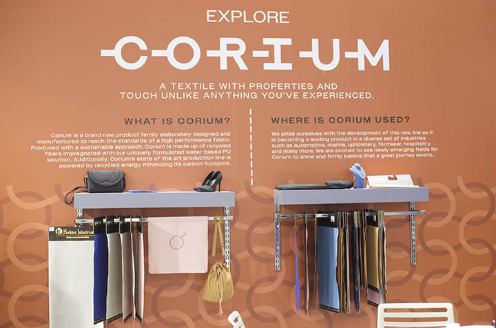 Samples of Corium™ on display at Techtextil Frankfurt. Shoes and handbags shown are a small segment of the potential marketplace for the innovative material. Photo courtesy Caryn Smith