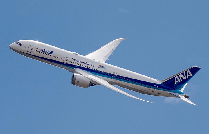 Boeing 787-9 Dreamliner – the midsize and most common variant, operated by All Nippon Airways, the first and largest 787 operator. The 787 is the first commercial aircraft to have an airframe majority made of carbon fiber reinforced polymer (CFRP), applied in the empennage, fuselage (inset), wings, doors, and in most other main components. Photo courtesy of Wikimedia Commons