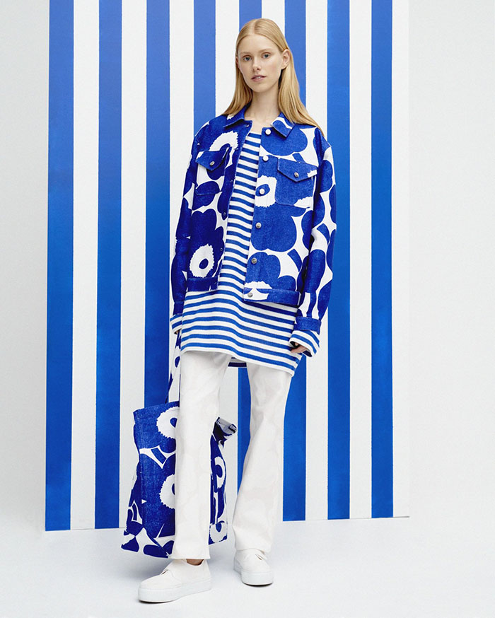 Marimekko denim-like jacket and bag in fabric made of Spinnova